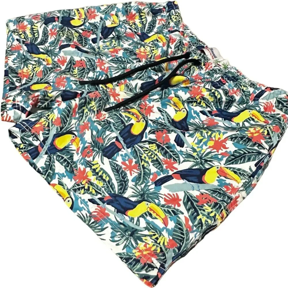 YP Threads Australia Mens Swim Shorts Sz 32 Tropical Colorful Birds Palm Trees